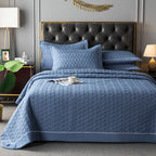 Elegant Quilted Bedspread Set Blue Cotton King Size Soft Hypoallergenic — Image 7