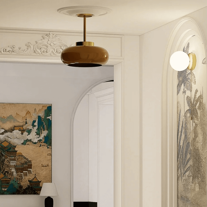 Modern Glass Ceiling Pendant Light Brass Fixture Contemporary Design Amber — Image 8