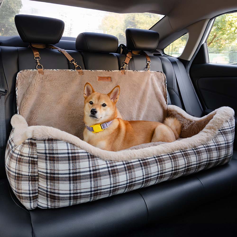 Luxury Pet Car Seat Cover Plush Lining Waterproof Travel Bed Adjustable Safety Straps Anti-Slip Bottom Plaid — Main Image