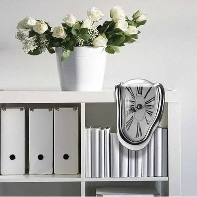Modern Melting Shelf Clock Roman Numerals Art-Inspired Desk Decor Silver — Image 5