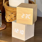 Wooden LED Digital Alarm Clock Cube Design with Temperature Display and Sound Control — Image 2