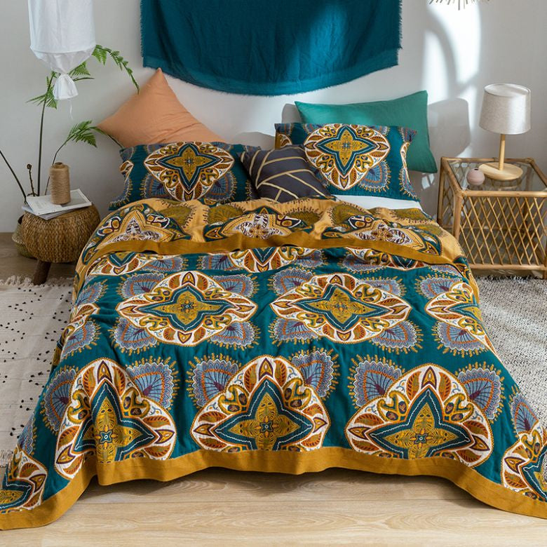 Bohemian Mandala Pattern Cotton Bedspread King Size Teal Yellow Reversible Quilt — Main Image