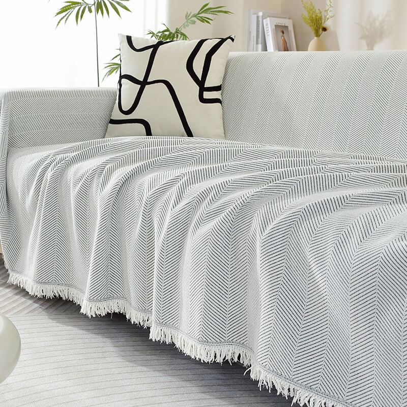 Elegant Herringbone Sofa Throw Blanket Cotton Blend Tassel Fringe Blue Living Room Decor — Image 9