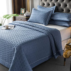 Elegant Quilted Bedspread Set Blue Cotton King Size Soft Hypoallergenic — Image 6