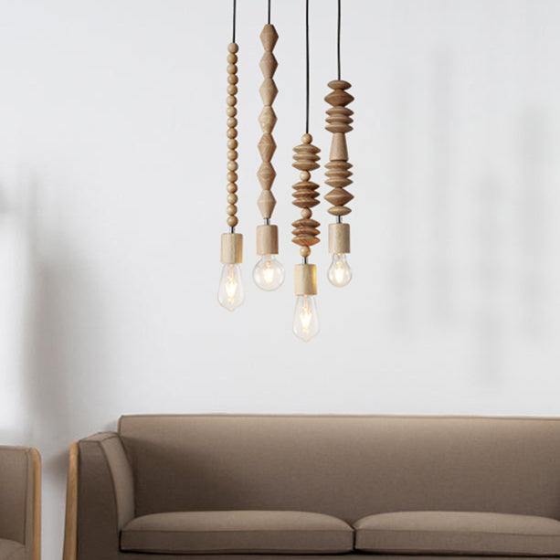 Handcrafted Wooden Pendant Light Fixture Beaded Design Natural Wood — Image 2
