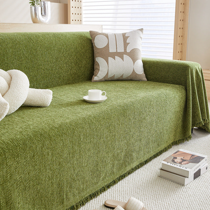 Luxury Sofa Cover Cotton Blend Herringbone Pattern Green Washable Protector — Main Image
