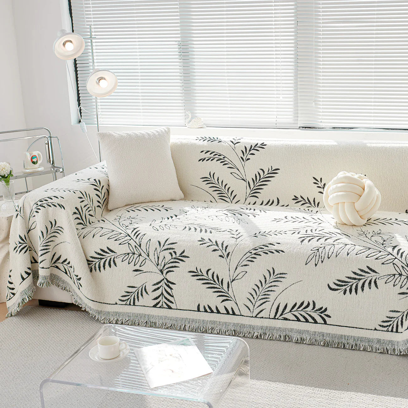 Elegant Leaf Pattern Sofa Cover Cotton Blend Beige Slipcover Living Room Furniture Protector — Image 13