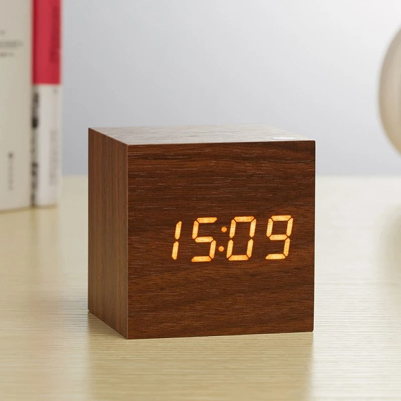Wooden LED Digital Alarm Clock Cube Design with Temperature Display and Sound Control — Image 5