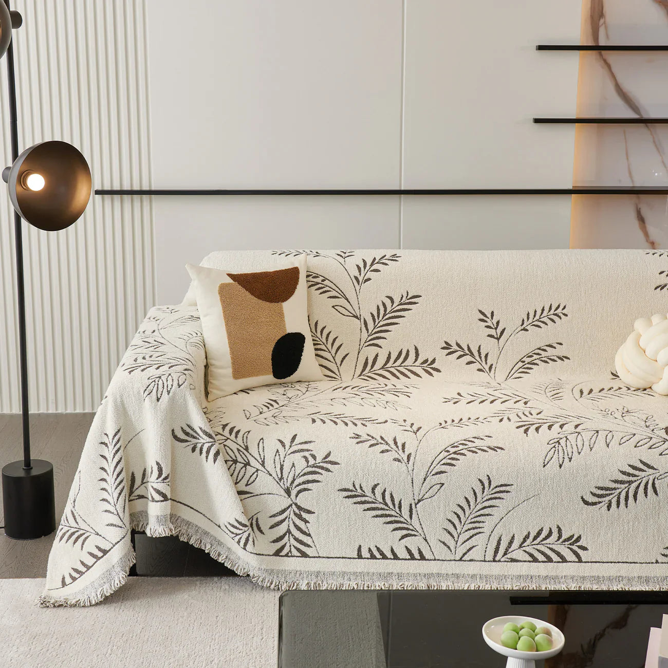 Elegant Leaf Pattern Sofa Cover Cotton Blend Beige Slipcover Living Room Furniture Protector — Image 7