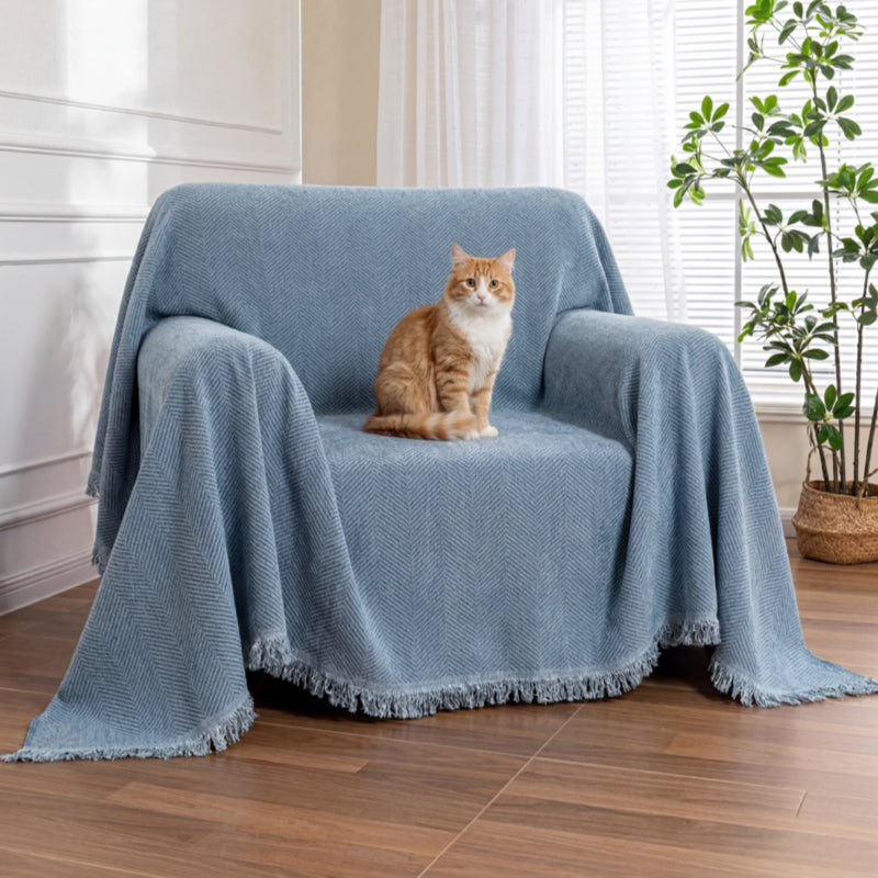 Elegant Herringbone Sofa Throw Blanket Cotton Blend Tassel Fringe Blue Living Room Decor — Image 3