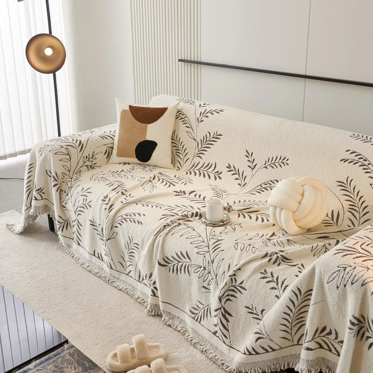 Elegant Leaf Pattern Sofa Cover Cotton Blend Beige Slipcover Living Room Furniture Protector — Image 10
