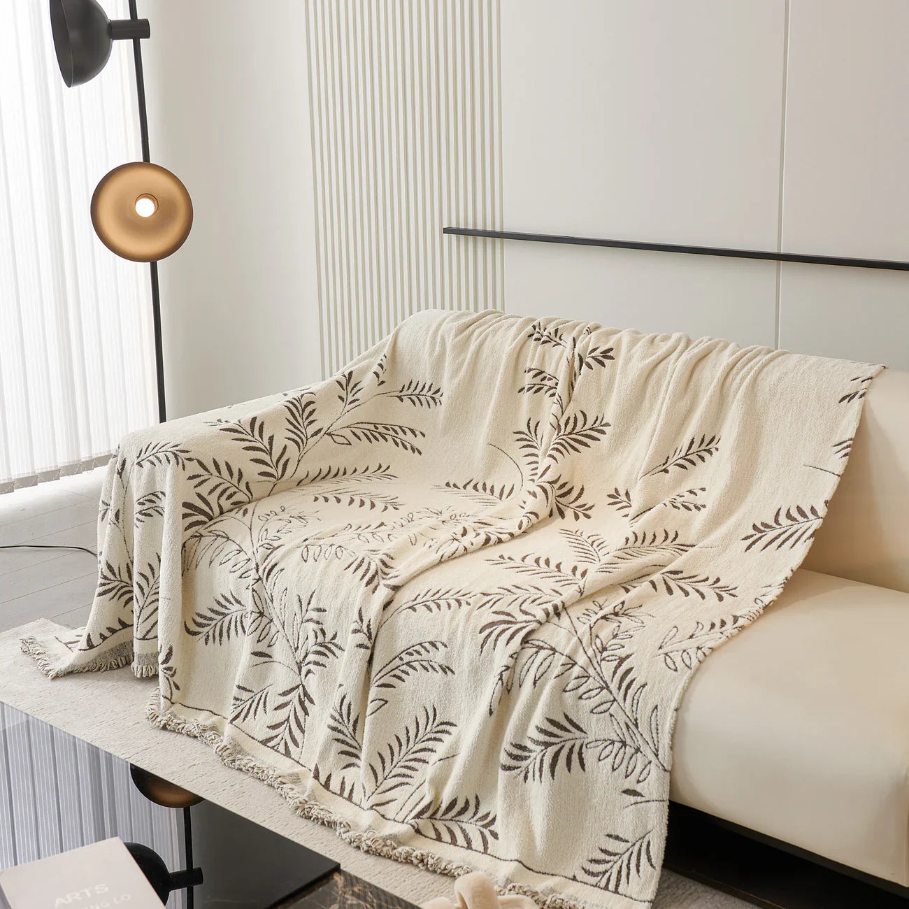 Elegant Leaf Pattern Sofa Cover Cotton Blend Beige Slipcover Living Room Furniture Protector — Image 5