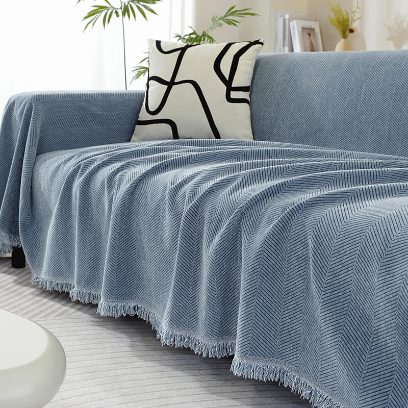 Elegant Herringbone Sofa Throw Blanket Cotton Blend Tassel Fringe Blue Living Room Decor — Image 4