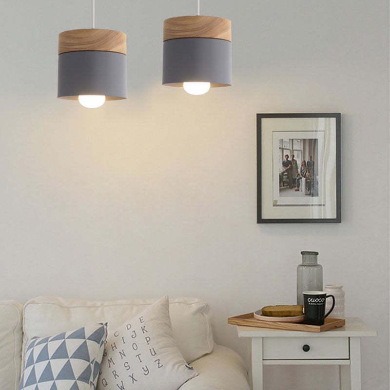 Scandinavian Pendant Light Wood Metal Cylinder Ceiling Fixture Multi-Color — Image 6
