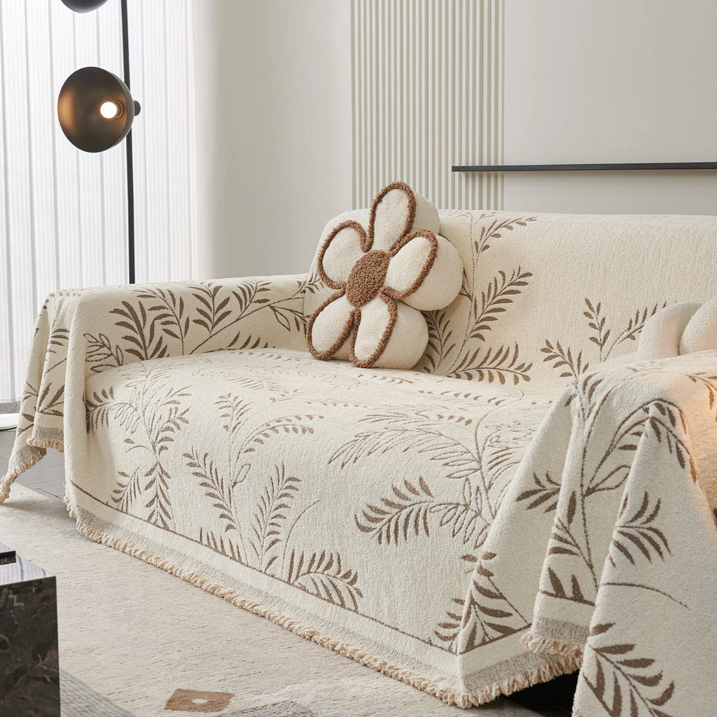 Elegant Leaf Pattern Sofa Cover Cotton Blend Beige Slipcover Living Room Furniture Protector — Image 9