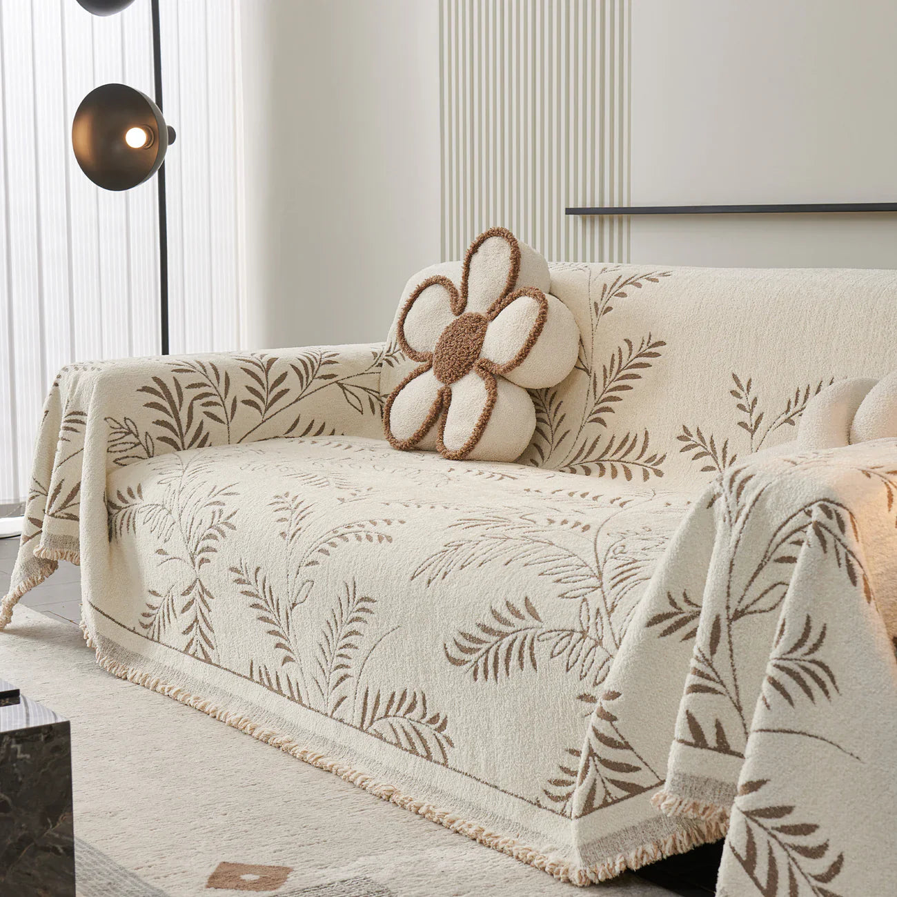 Elegant Leaf Pattern Sofa Cover Cotton Blend Beige Slipcover Living Room Furniture Protector — Image 9