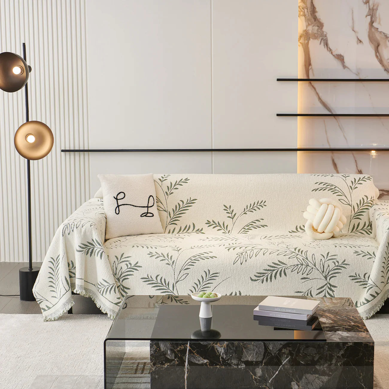 Elegant Leaf Pattern Sofa Cover Cotton Blend Beige Slipcover Living Room Furniture Protector — Main Image