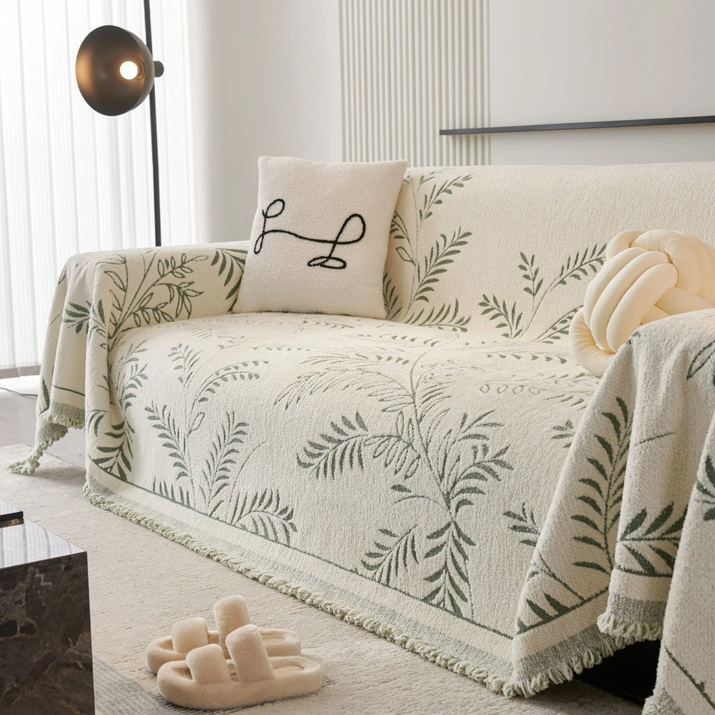 Elegant Leaf Pattern Sofa Cover Cotton Blend Beige Slipcover Living Room Furniture Protector — Image 12