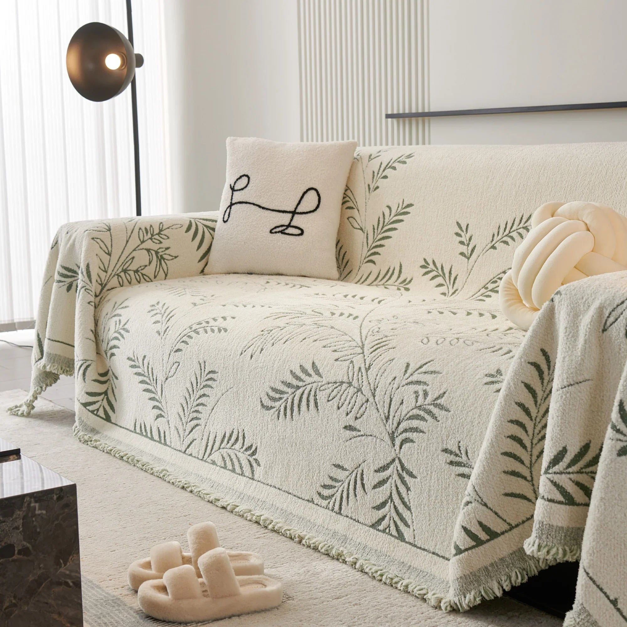 Elegant Leaf Pattern Sofa Cover Cotton Blend Beige Slipcover Living Room Furniture Protector — Image 12