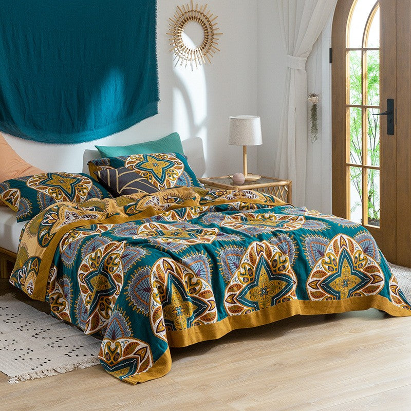 Bohemian Mandala Pattern Cotton Bedspread King Size Teal Yellow Reversible Quilt — Image 2