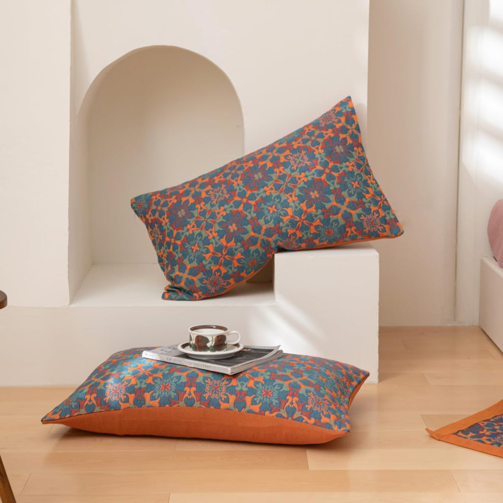 Elegant Floral Cotton Bedspread Set Orange Blue Queen Size Reversible Quilt — Image 10