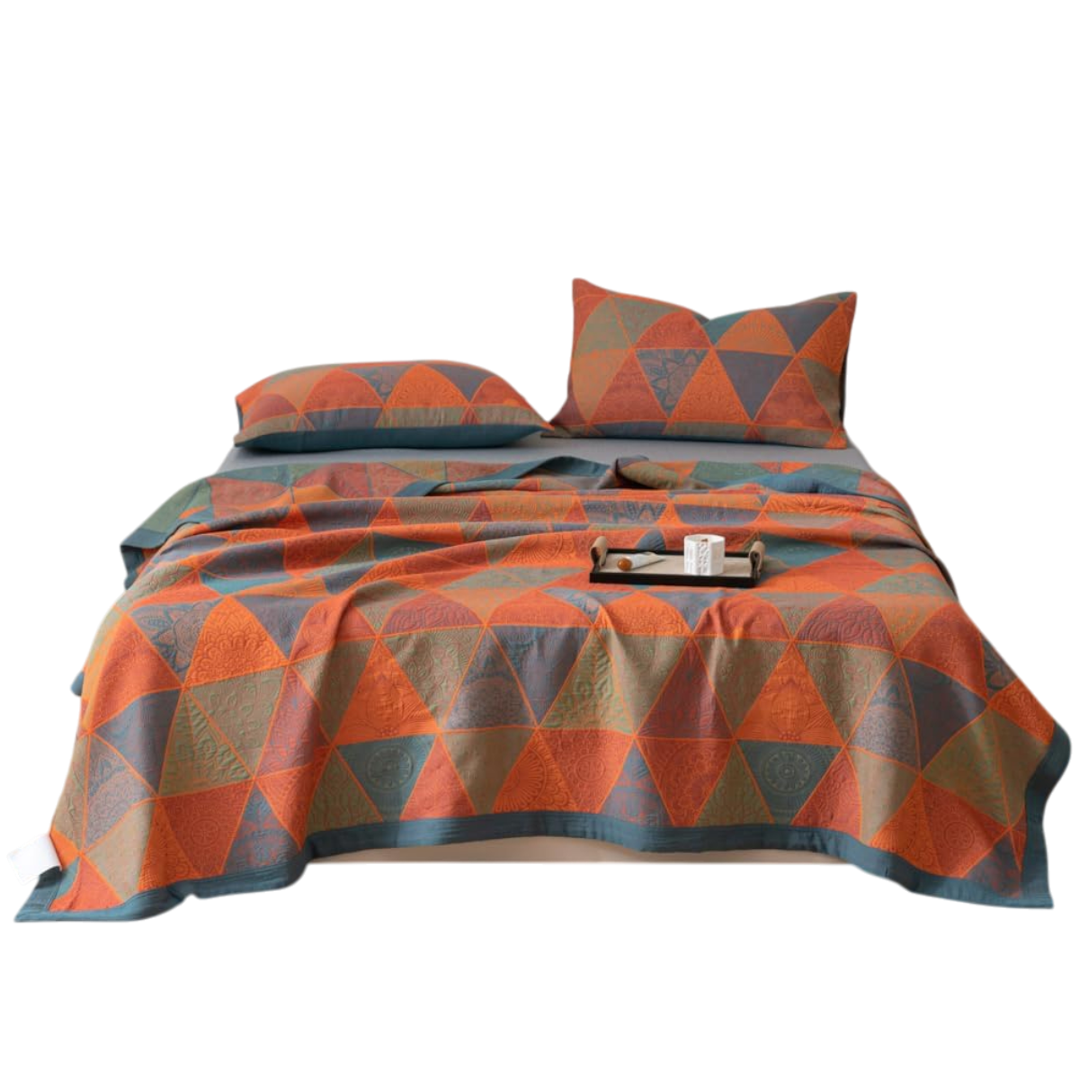 Luxury Cotton Quilt Set Geometric Pattern Orange Blue King Size Soft Breathable Bedding with Pillow Shams — Image 12