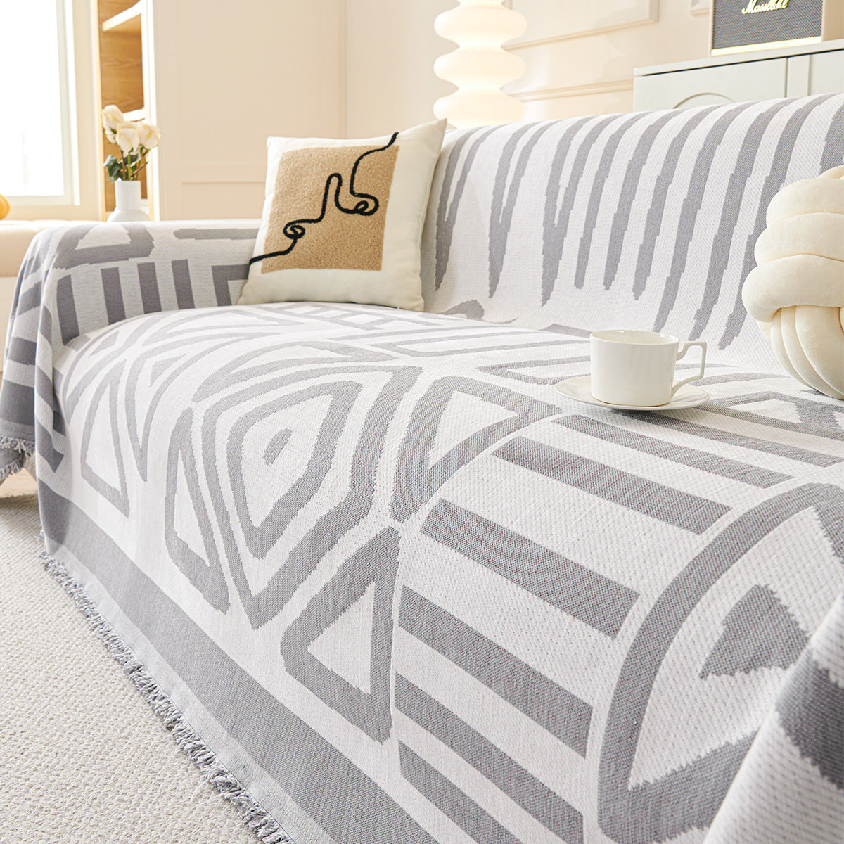 Geometric Pattern Cotton Sofa Cover Black White Woven Couch Protector — Image 10