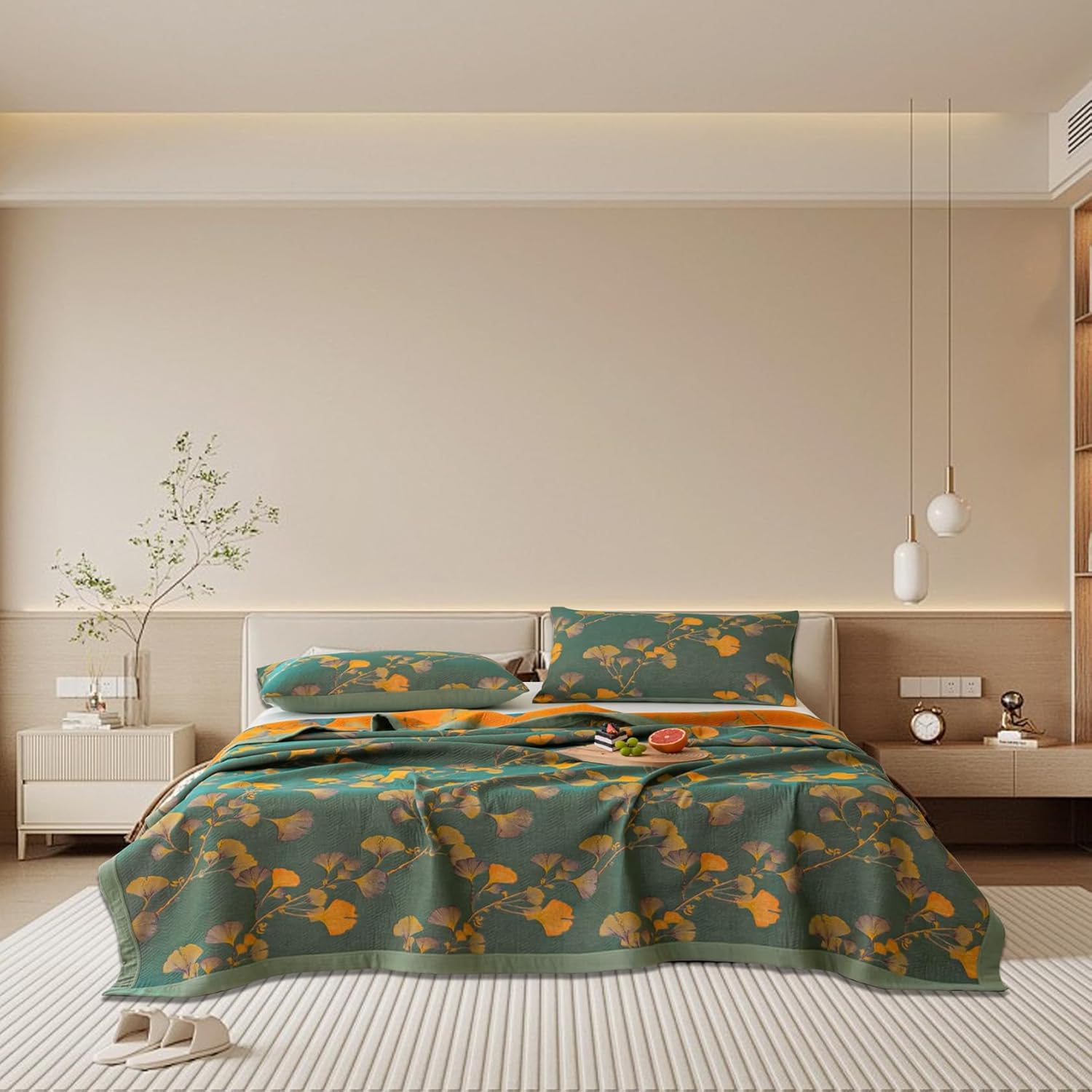 Elegant Floral Quilt Set Cotton Green Yellow Reversible King Size Bedding — Image 4