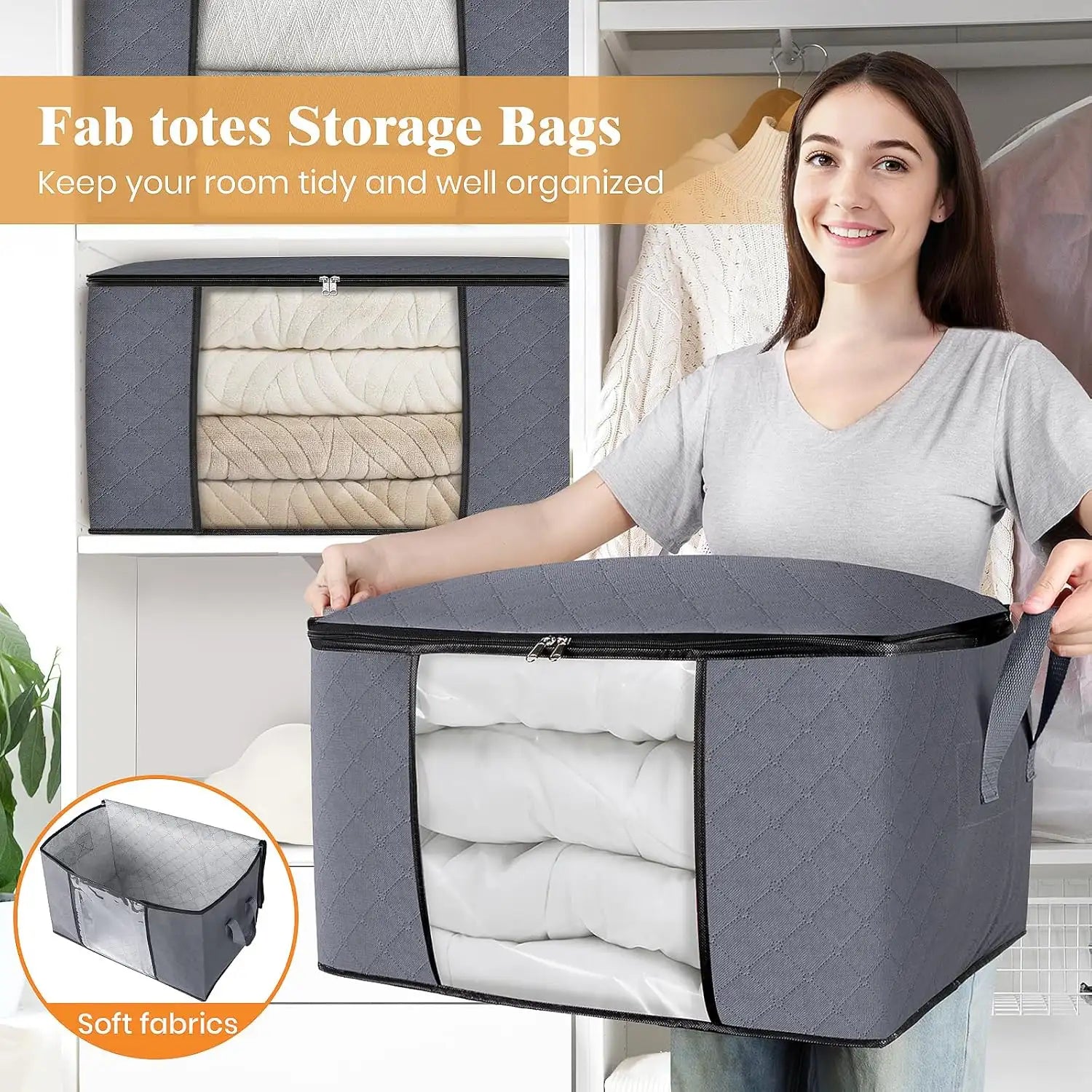 Fab Totes Foldable Storage Bags Large Capacity Organizer with Clear Window and Handles Gray Fabric — Image 2