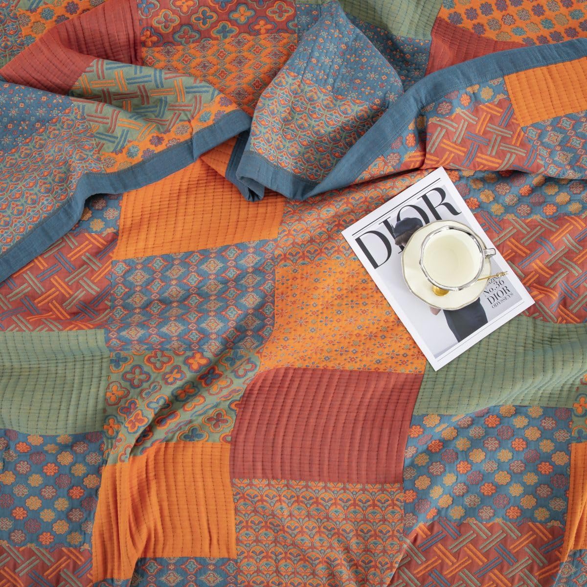 Patchwork Quilt Set Cotton Multicolor Reversible Lightweight Bedding King — Image 3