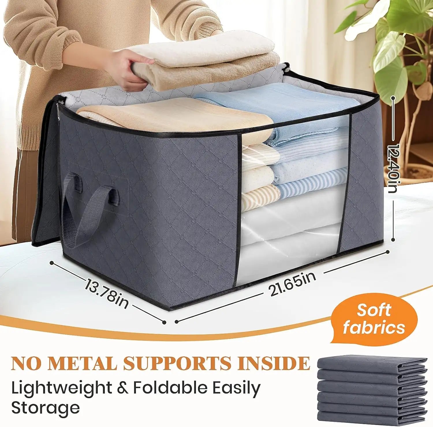 Fab Totes Foldable Storage Bags Large Capacity Organizer with Clear Window and Handles Gray Fabric — Image 3
