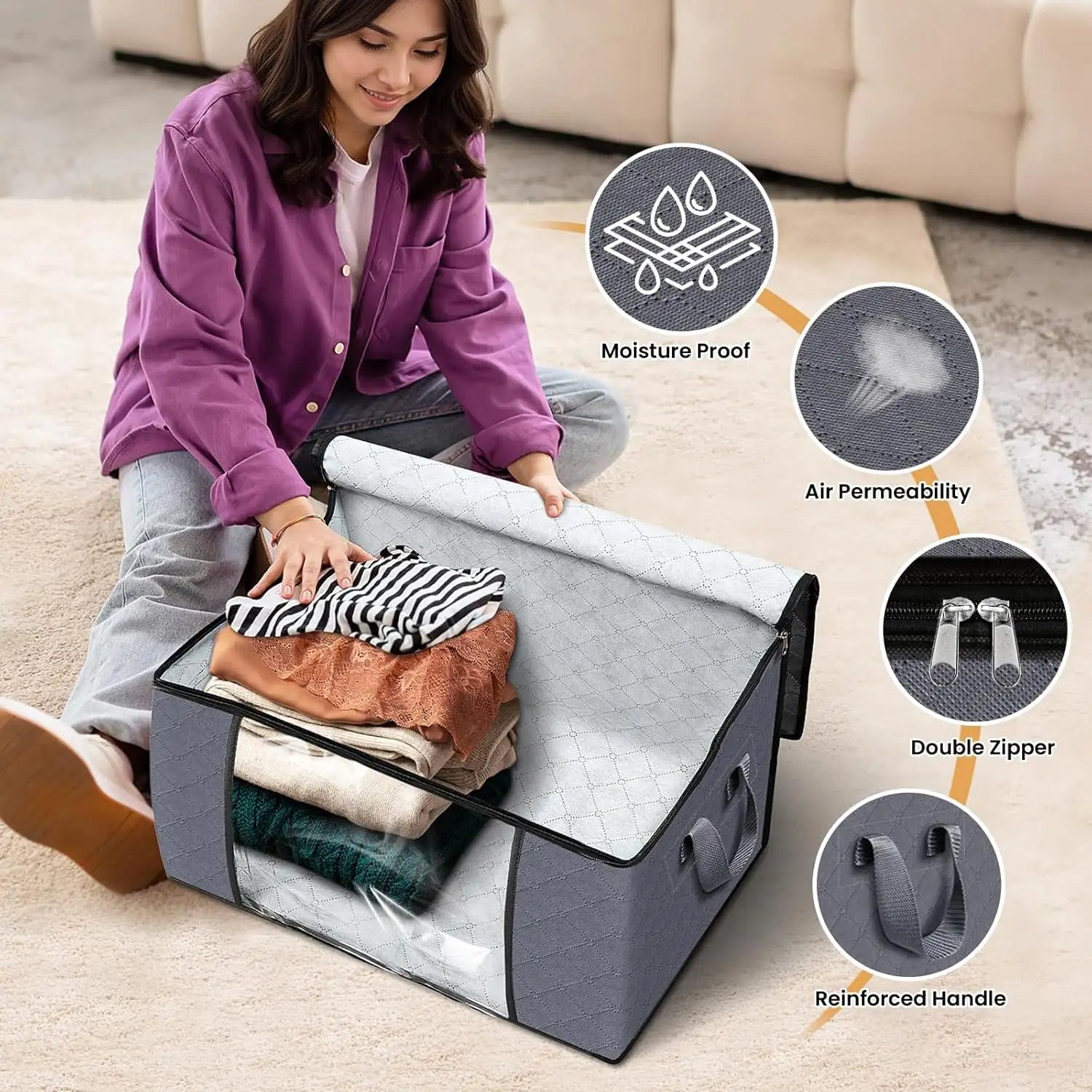 Fab Totes Foldable Storage Bags Large Capacity Organizer with Clear Window and Handles Gray Fabric — Image 5