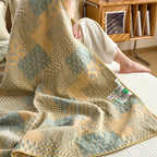 Elegant Patchwork Cotton Quilt Blanket Reversible Beige Blue Soft Lightweight Bedding — Image 2