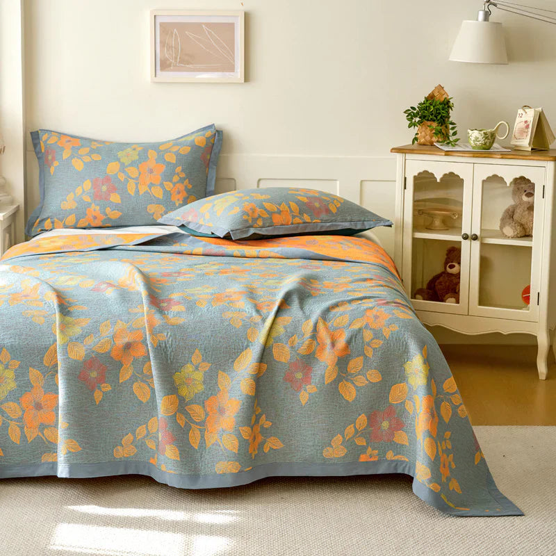 Floral Quilt Set Cotton Reversible Bedding Blue Orange Full/Queen — Main Image