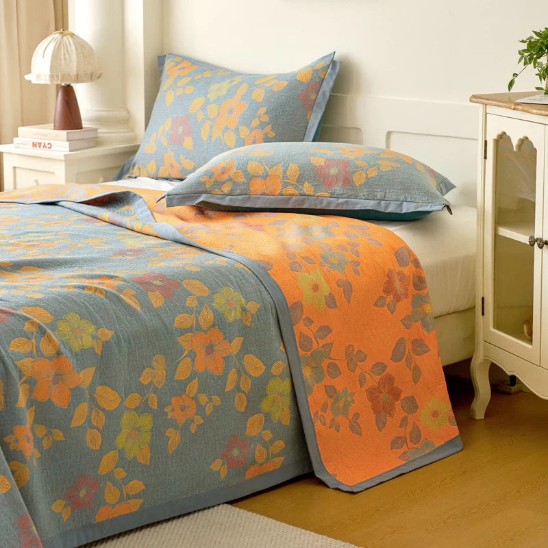 Floral Quilt Set Cotton Reversible Bedding Blue Orange Full/Queen — Image 9
