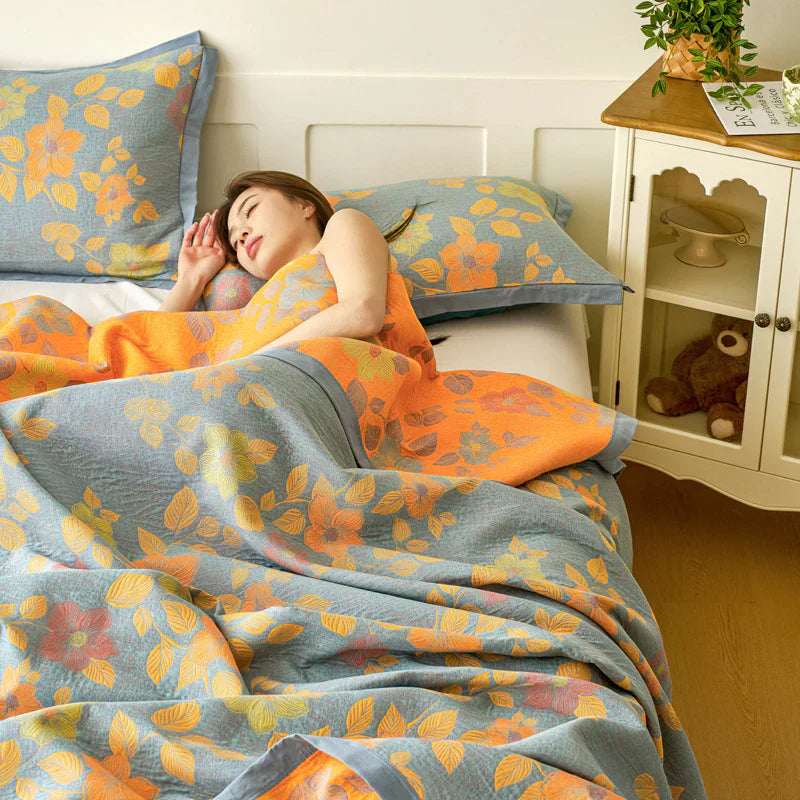 Floral Quilt Set Cotton Reversible Bedding Blue Orange Full/Queen — Image 4