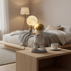 Astronaut Table Lamp Resin Space Decor with LED Moon Light in White and Gold — Main Image