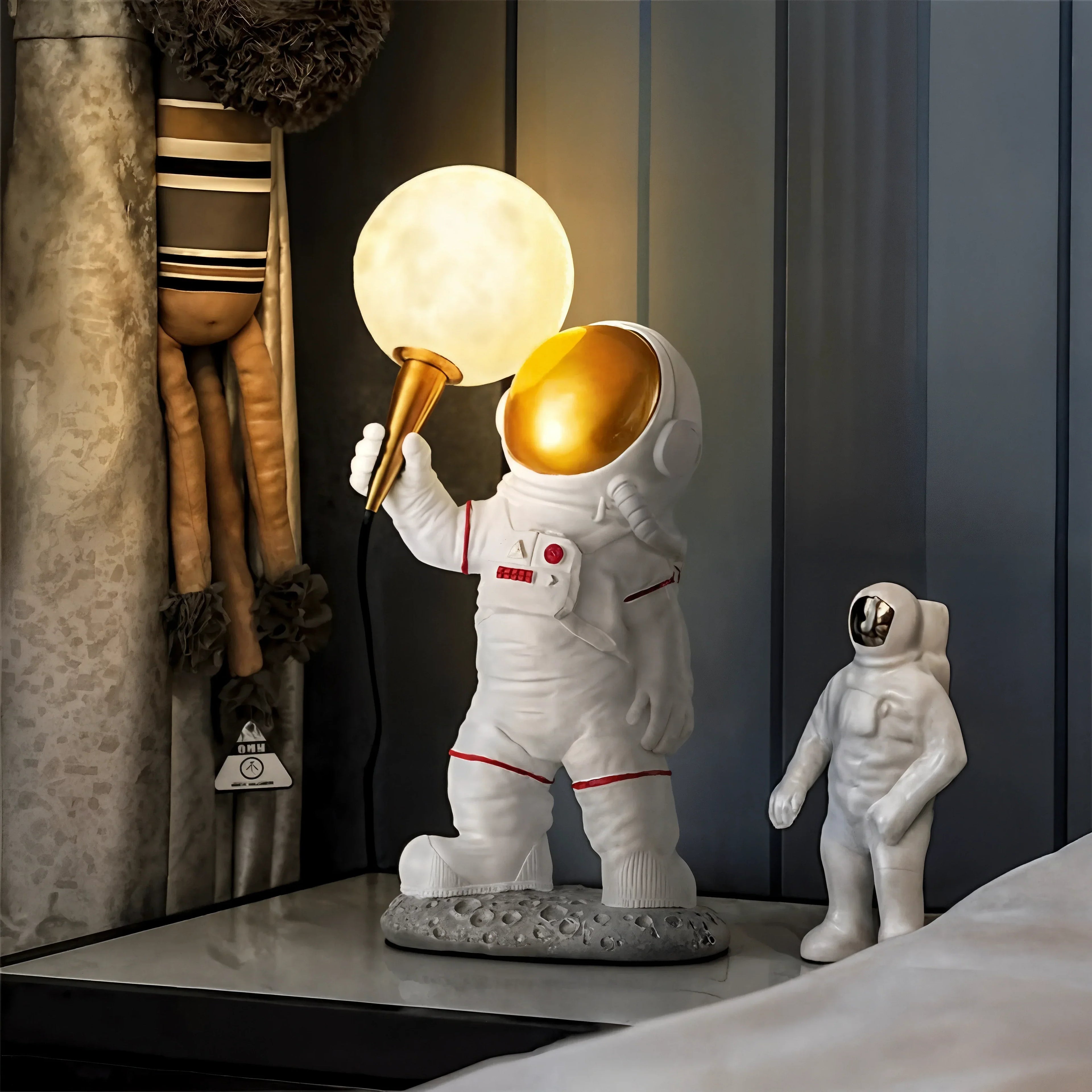 Astronaut Table Lamp Resin Space Decor with LED Moon Light in White and Gold — Image 3