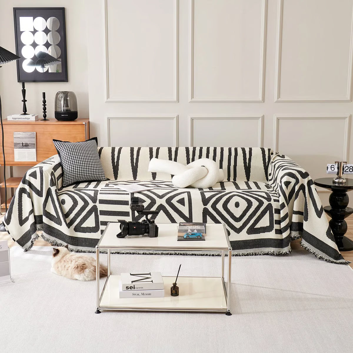 Geometric Pattern Cotton Sofa Cover Black White Woven Couch Protector — Image 4