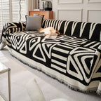 Geometric Pattern Cotton Sofa Cover Black White Woven Couch Protector — Image 8
