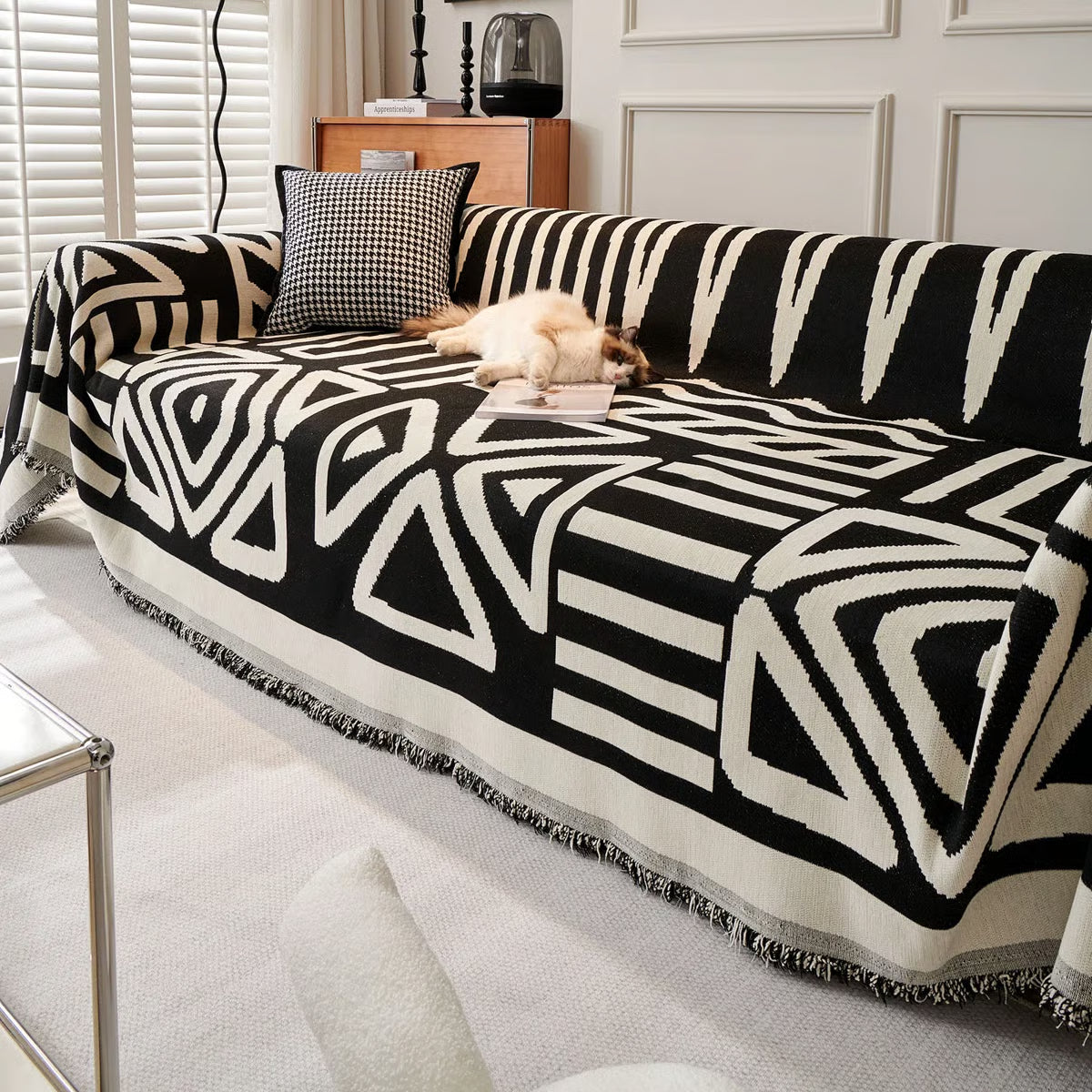 Geometric Pattern Cotton Sofa Cover Black White Woven Couch Protector — Image 8