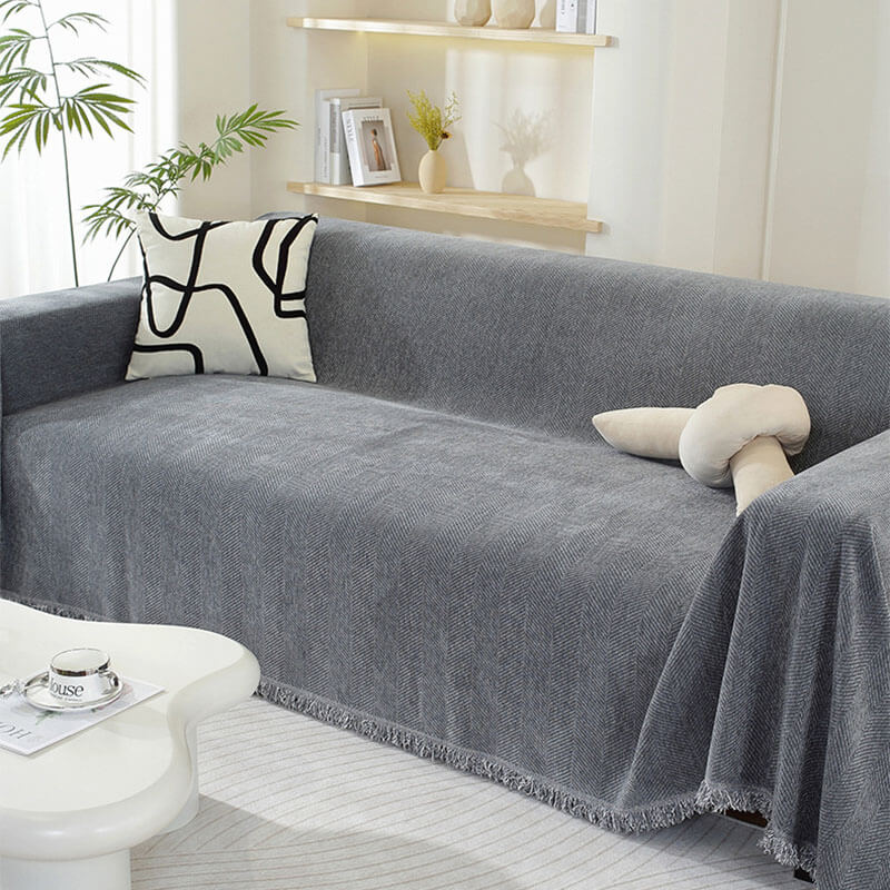 Elegant Herringbone Sofa Throw Blanket Cotton Blend Tassel Fringe Blue Living Room Decor — Image 15