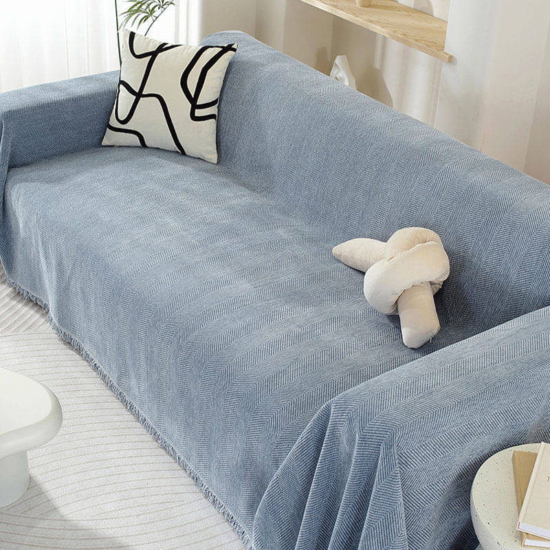 Elegant Herringbone Sofa Throw Blanket Cotton Blend Tassel Fringe Blue Living Room Decor — Image 6