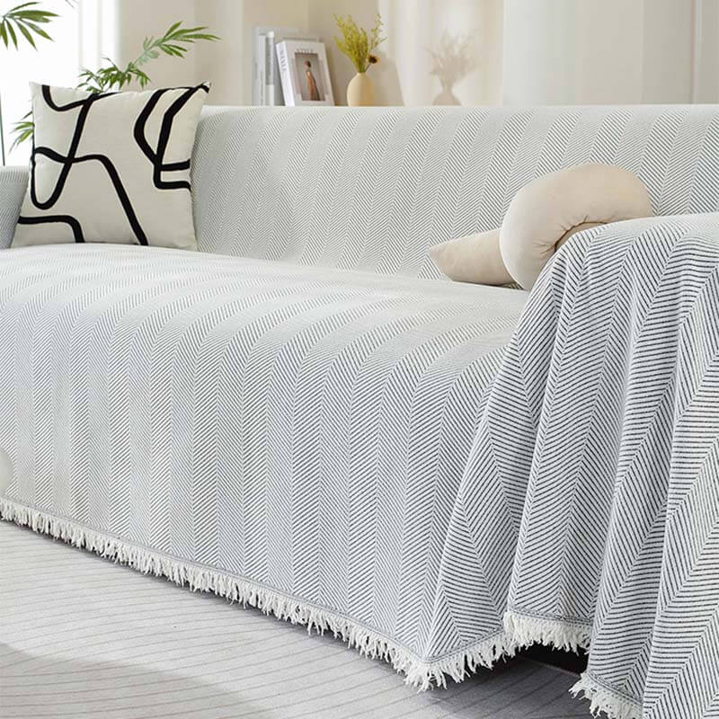 Elegant Herringbone Sofa Throw Blanket Cotton Blend Tassel Fringe Blue Living Room Decor — Image 12