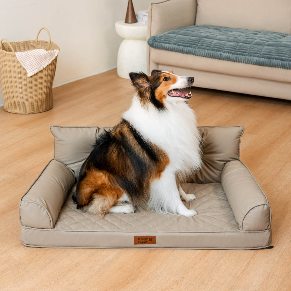 Funny Fuzzy Orthopedic Dog Sofa Bed Beige Faux Leather Large — Image 12