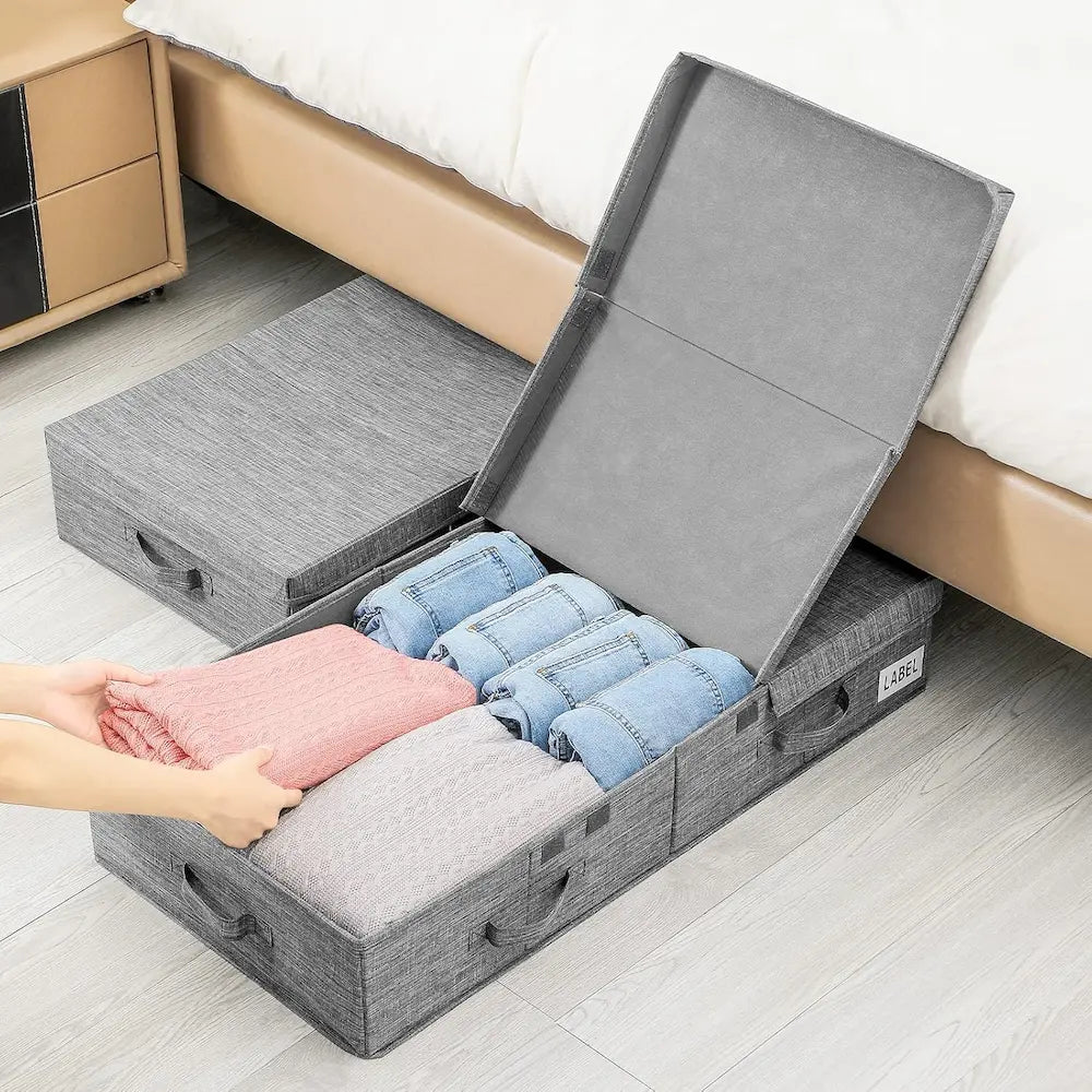 Underbed Storage Organizer Grey Fabric Foldable Box with Lid for Clothes and Blankets — Image 2