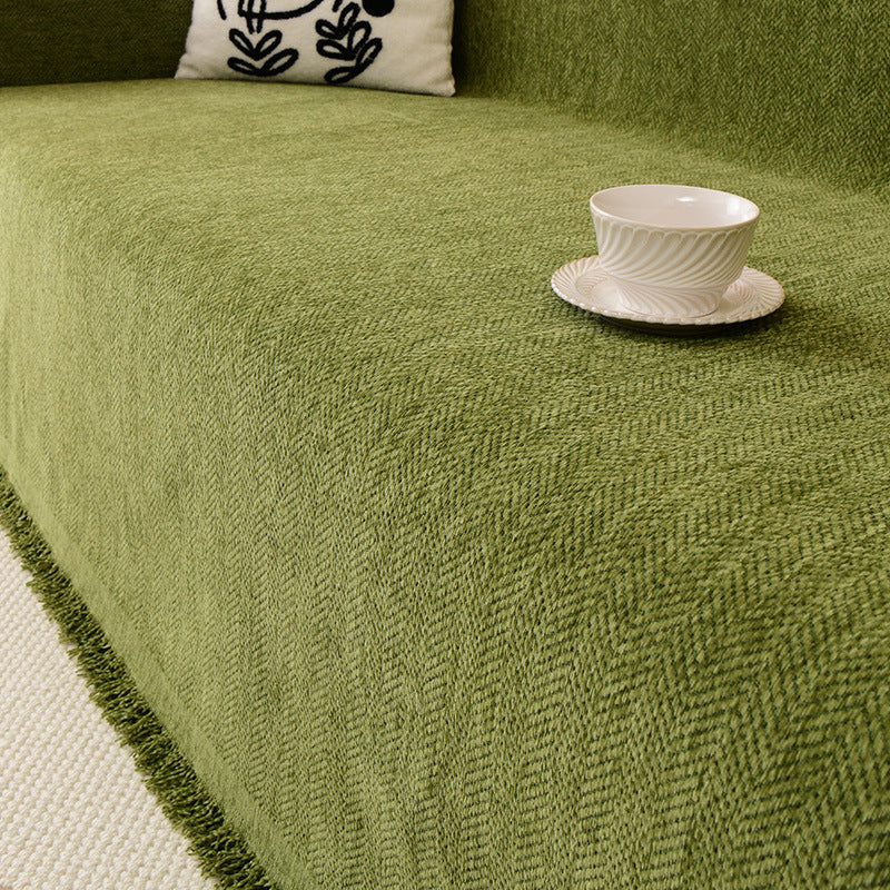 Luxury Sofa Cover Cotton Blend Herringbone Pattern Green Washable Protector — Image 5