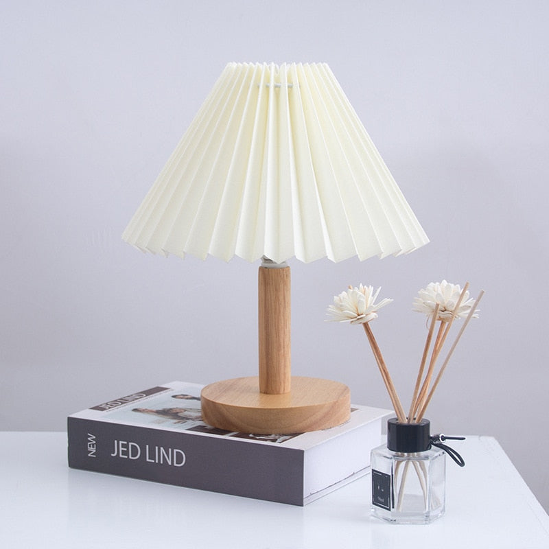 Elegant Wooden Table Lamp with Pleated Shade - Beige & White, Solid Wood, 27cm/32cm — Image 7