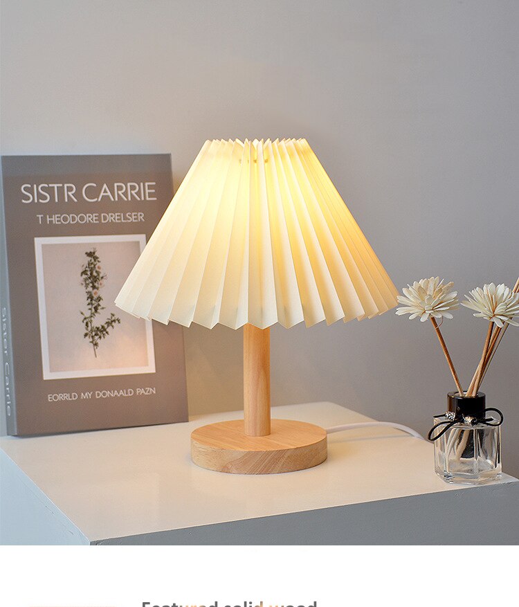 Elegant Wooden Table Lamp with Pleated Shade - Beige & White, Solid Wood, 27cm/32cm — Image 10