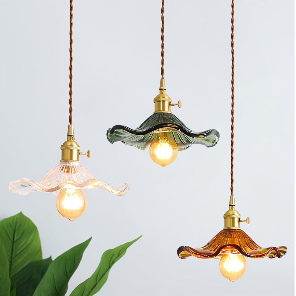 Vintage Glass Pendant Light Retro Ceiling Lamp Brass Finish Green Shade — Image 3
